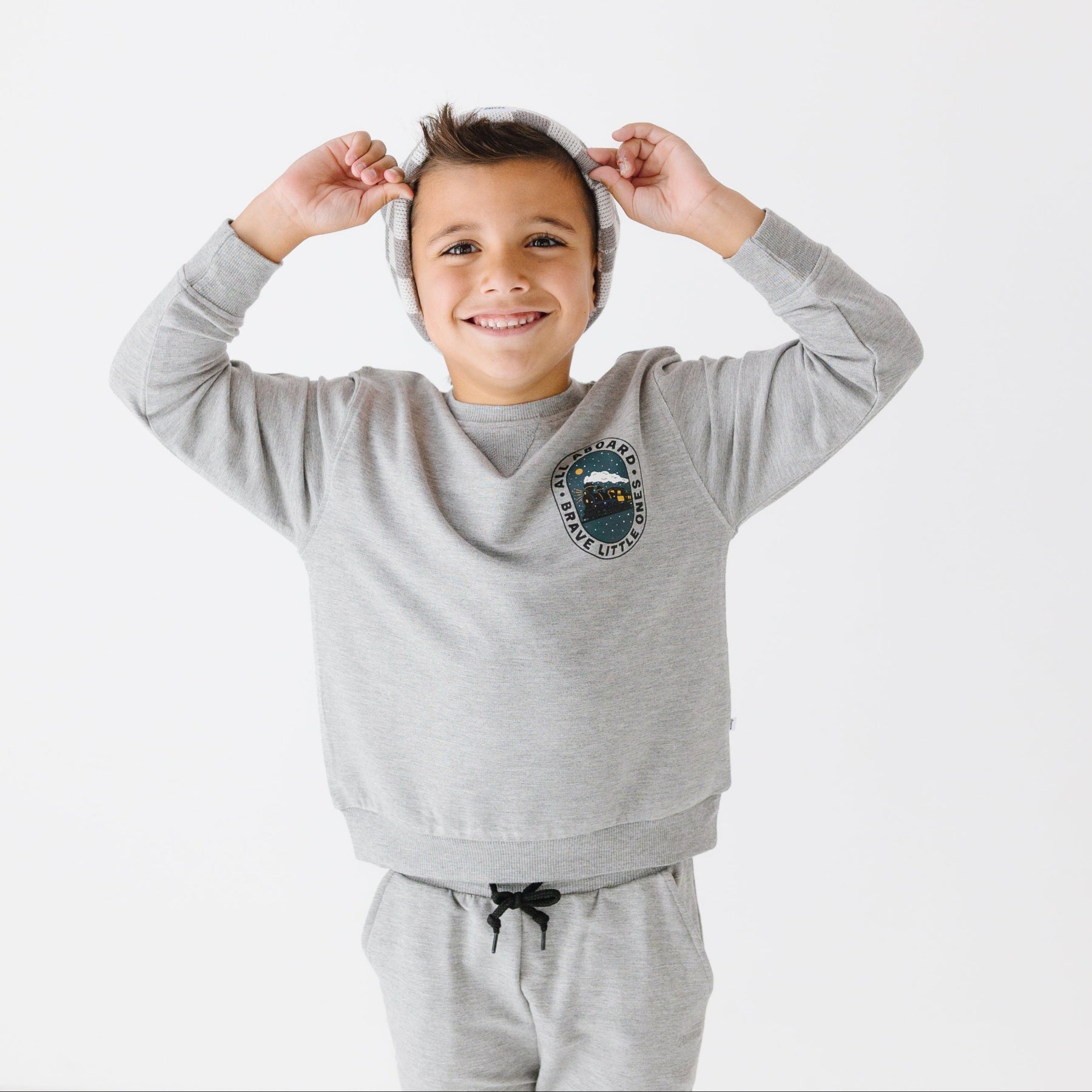 All Aboard Train Dark Heather Gray Bamboo French Terry Pullover